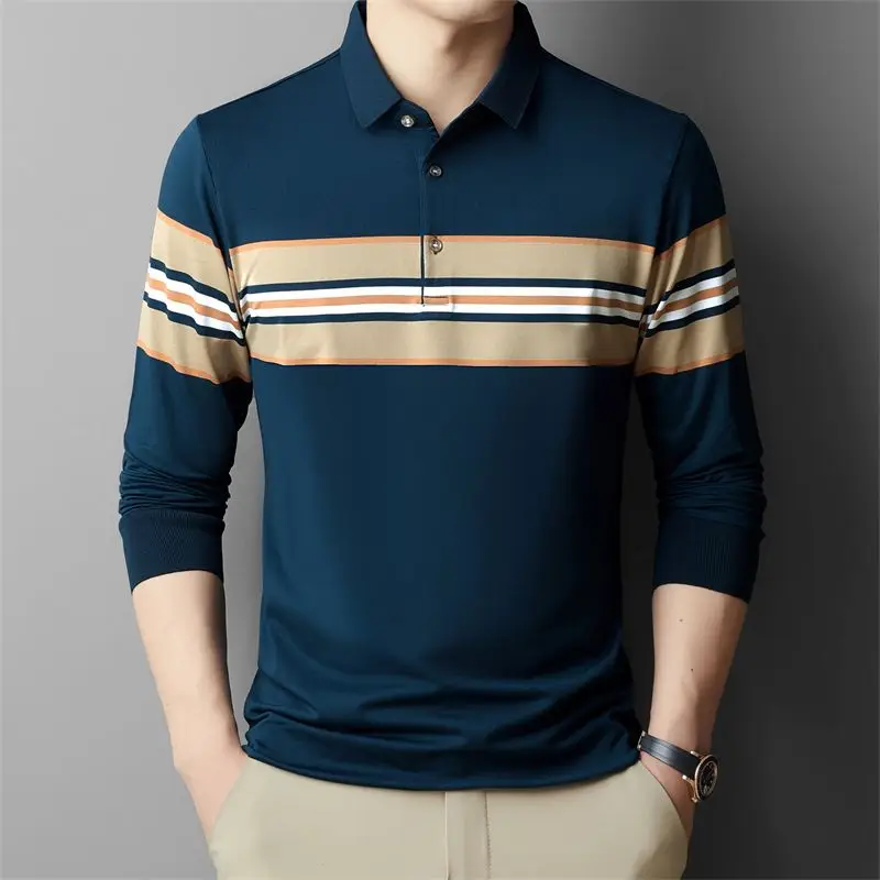 Casual Long Sleeve Polo Shirt for Middle Aged Men Striped Loose Fit Chest Pocket Basic Daily Wear Fashion Soft Top for Dad