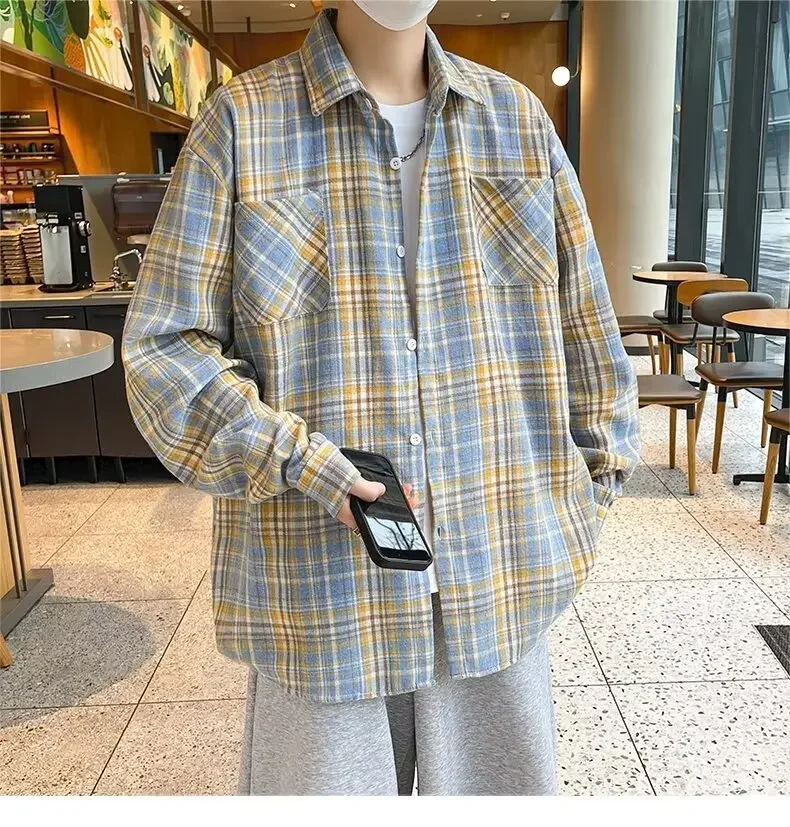 

Spring New Long Sleeved Shirt Men's Korean Loose Casual Checkered Shirt Fashion Retro Harajuku Shirt Coat Y2k Couple Streetwear