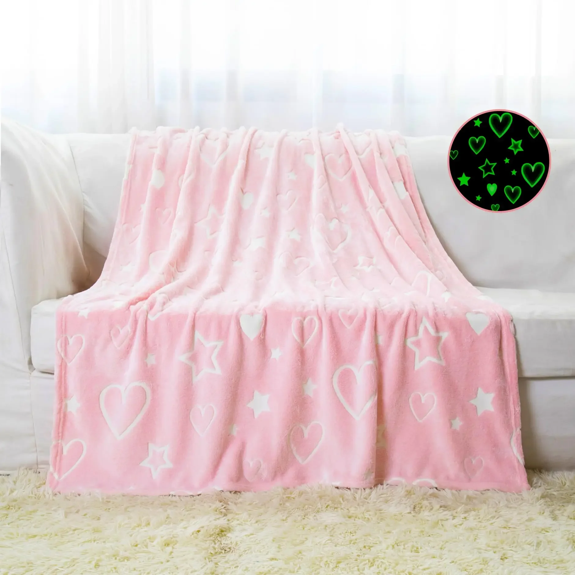 

1pc Glow in The Dark Star &Heart Blanket Gifts for 1-10 Year Old Girls&Boys Kids Throw Pink Blanket Soft Flannel Blanket Toys