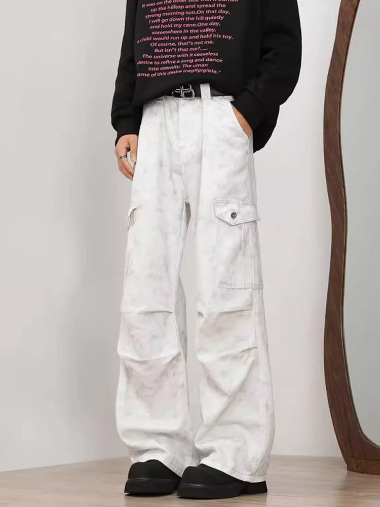 

American Retro Tie Dye Dir White Work Pants Men's High Street Haome Wide Leg Paratrooper Pants Multiple kets Casual P...