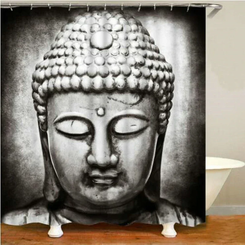 Juego de Cortina de ducha con cabeza de Buda de piedra clásica, Cortina de baño con religión Zen budista, Alfombra de baño impermeable, Alfombras Cortina Baño