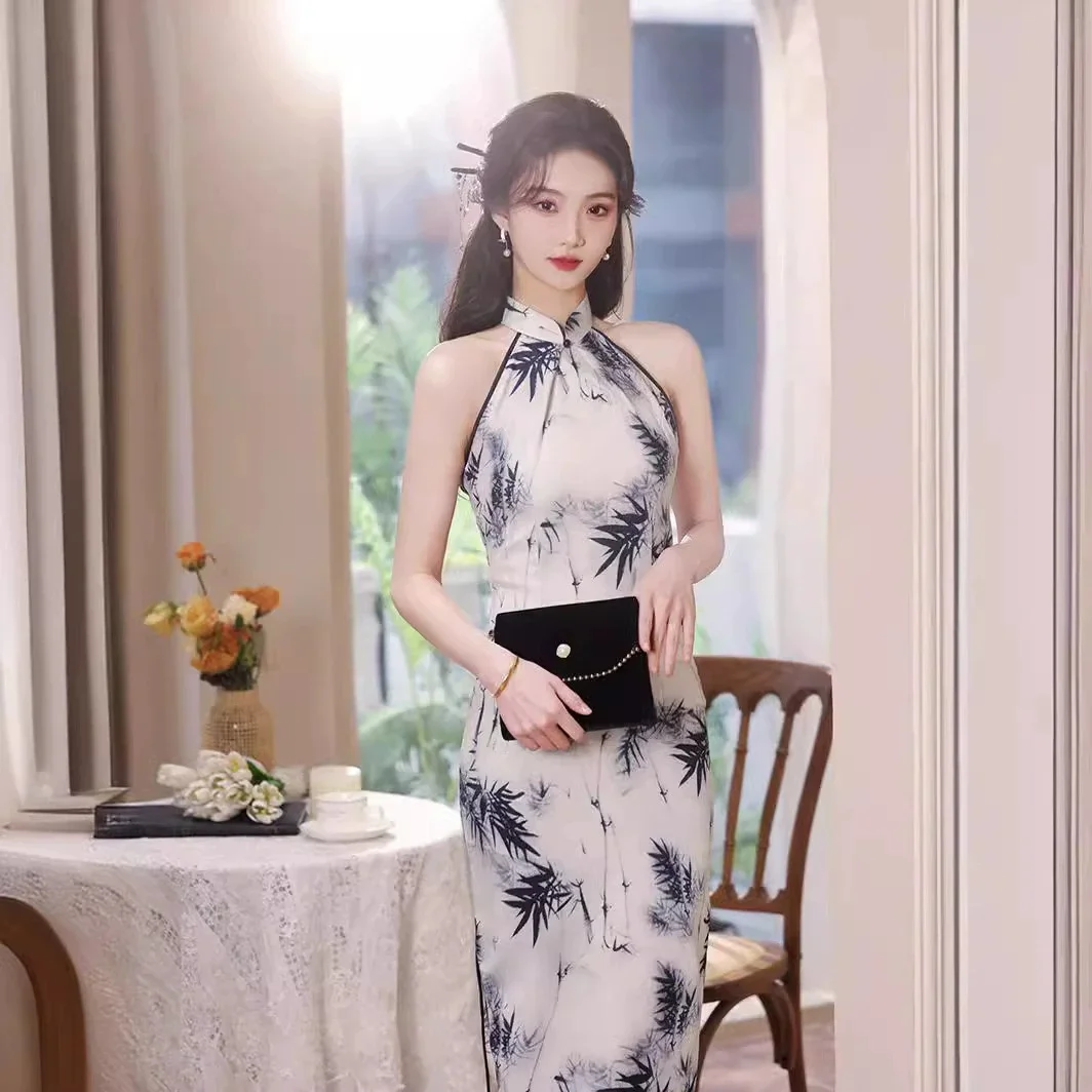 

Улучшенное бамбуковое платье Qipao с чернильной промывкой, новинка лета 2024, высококачественное платье Ципао с подвесным вырезом в китайском стиле для молодых девушек