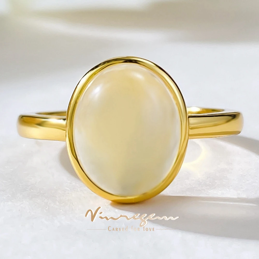 

Vinregem 8*10 MM Oval Natural Jade Gemstone Vintage Women Ring 18K Gold Plated 925 Sterling Silver Cocktail Party Fine Jewelry