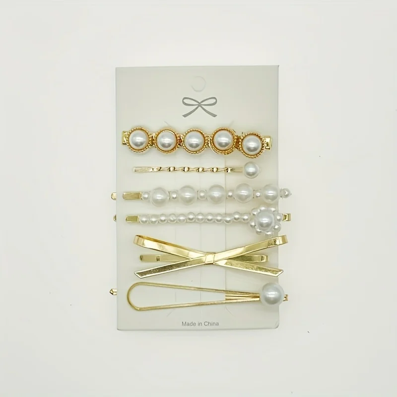 Metal bow pearl hair clip 6 pack