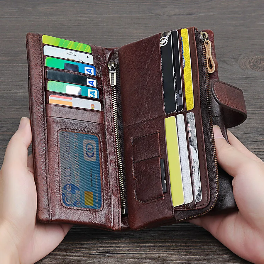 

Brush-off Leather Vintage Long Casual Wallet Large Capacity Multiple Card Slots Mens Wallets