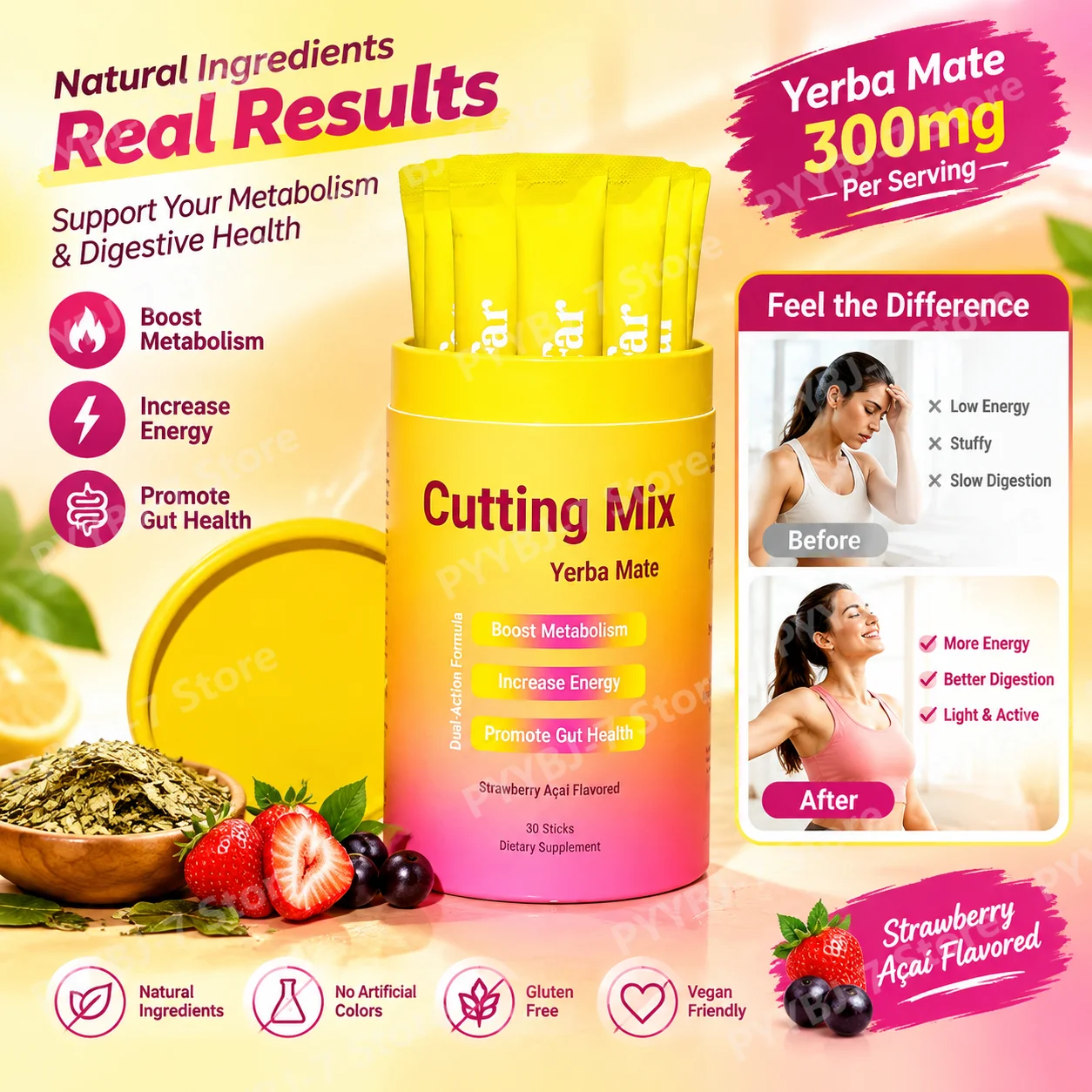 Yerba Mate Magnesium Powder Drink Mix FOS Prebiotic, Cinnamon & Ginger Extract Supports Gut Health & Metabolism 30 Single Sticks