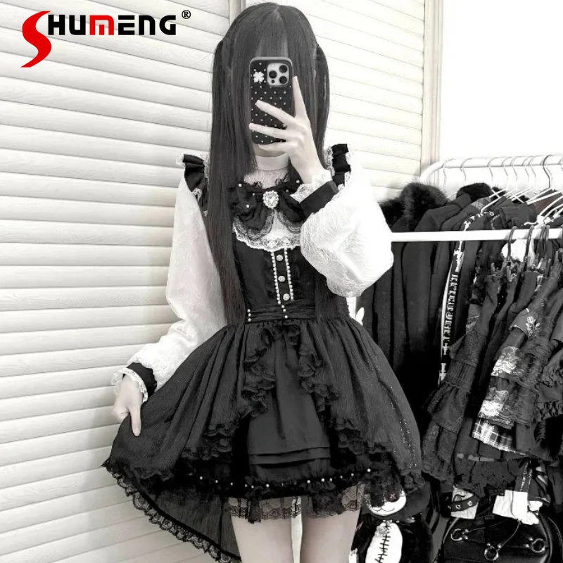 

Mine Series Dresses Japanese Lolita Original Design Mass-produced SC Gothic Style Dress With Bow Pearl Embellishments Vestidos