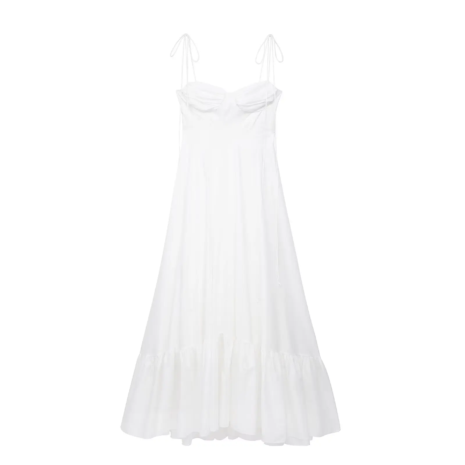 Tangada 2024 Women White Pleated Cotton Dress Sleeveless Zipper Female Ruffles Long Dresses 3H0252