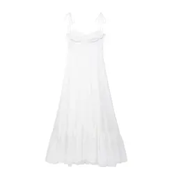 Tangada 2024 Women White Pleated Cotton Dress Sleeveless Zipper Female Ruffles Long Dresses 3H0252