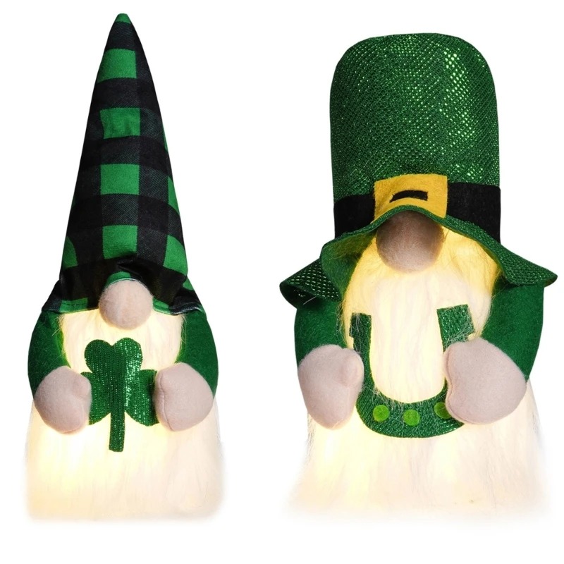 G6DA Patricks Day Gnomes Figure Plush Dolls with LED Lighting Irish Holiday Toy Gift