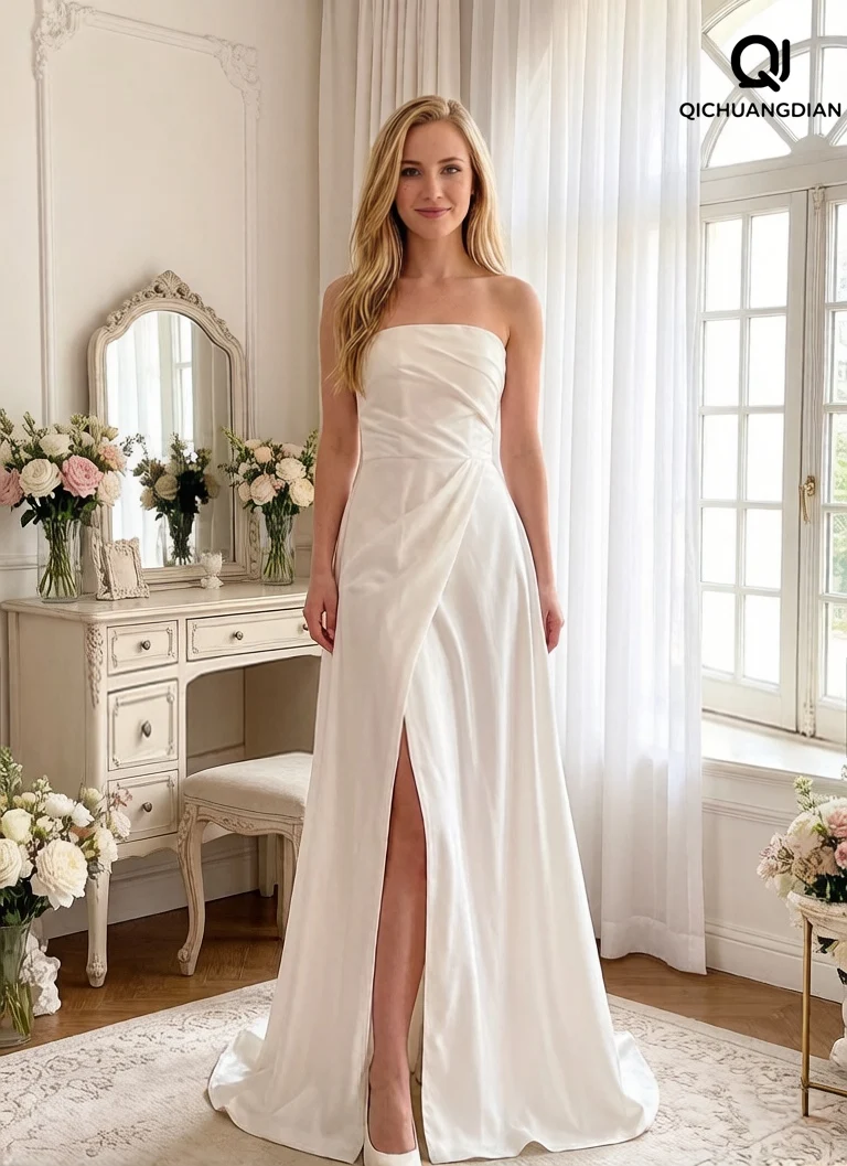 

Customized Simple A-Line Satin Wedding Dresses Strapless Zipper Floor-Length Sleeveless Bridal Party Gown Gowns Rode De Morrie