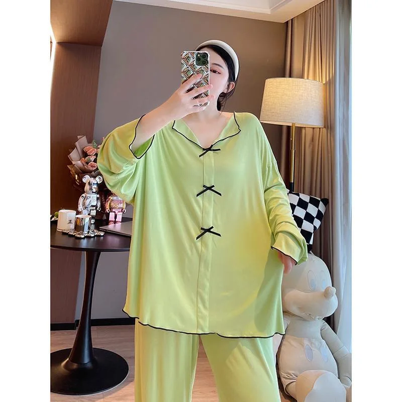 150kg Large Size Autumn Pajama Button Up Long Sleeve Shirt and Trousers Women Loose Home Clothes Solid Bow V-neck Two-piece Set