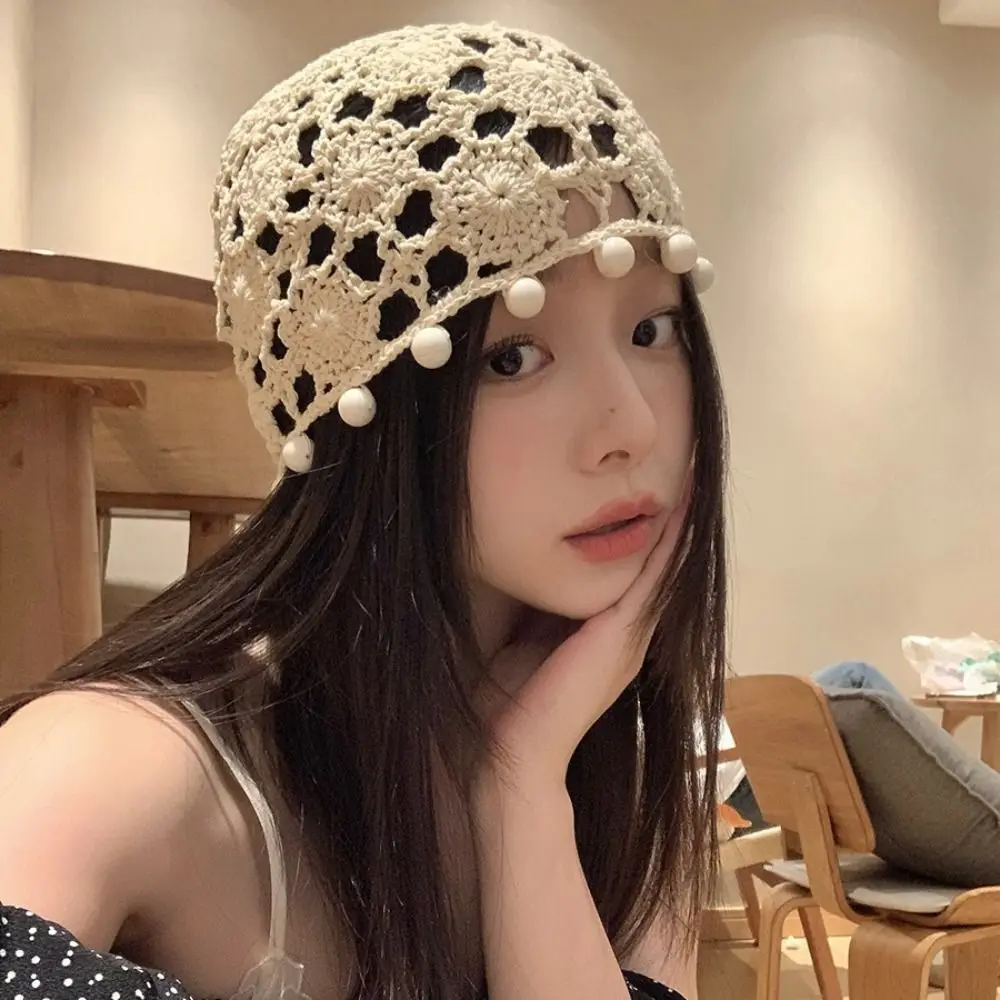 Vintage Sweet Crochet Hollow Knitted Hat Flower Beads Tassels Ethnic Style Hat Bohemian Style Hollow Out Weave Cap Outdoor