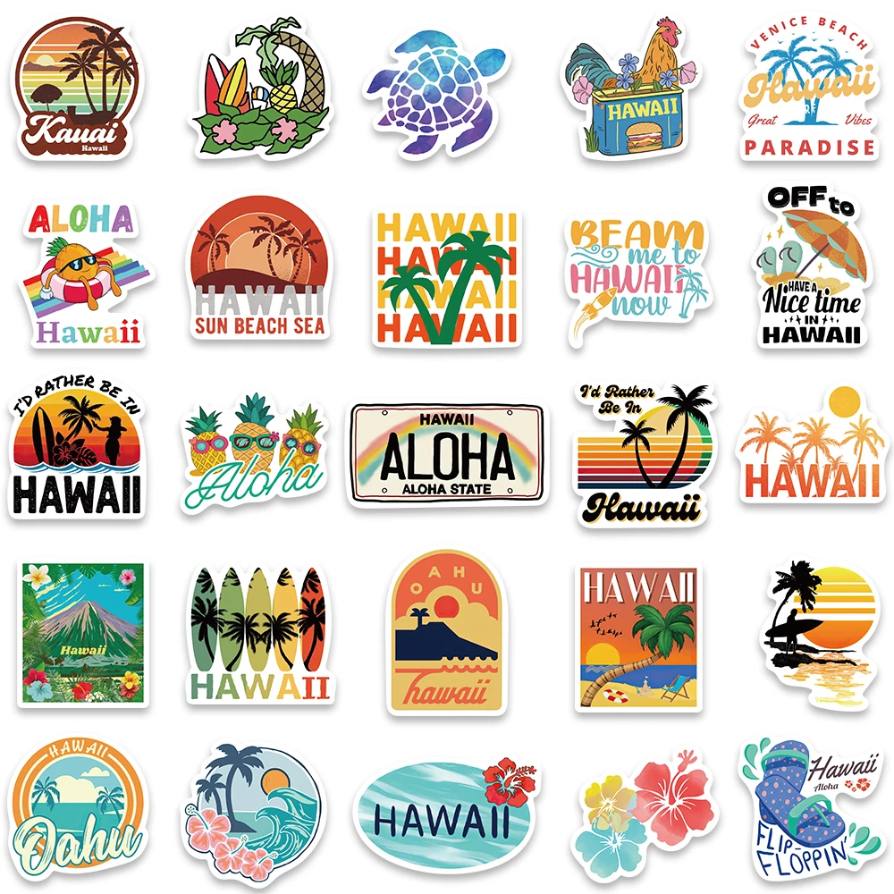 50pcs Hawaii Sea Beach Stickers Vinyl Waterproof Laptop Guitar Luggage Bike Motorcycle Helmet Notebook Stickers Decals