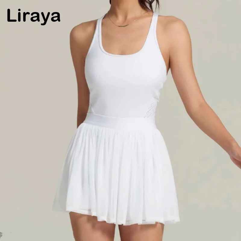 New Woman Tennis Polo O-Neck Fashion Tennis Dress One Piece Set Fast Dry Short Sleeves with Waisted Mesh Shirt with inner shorts