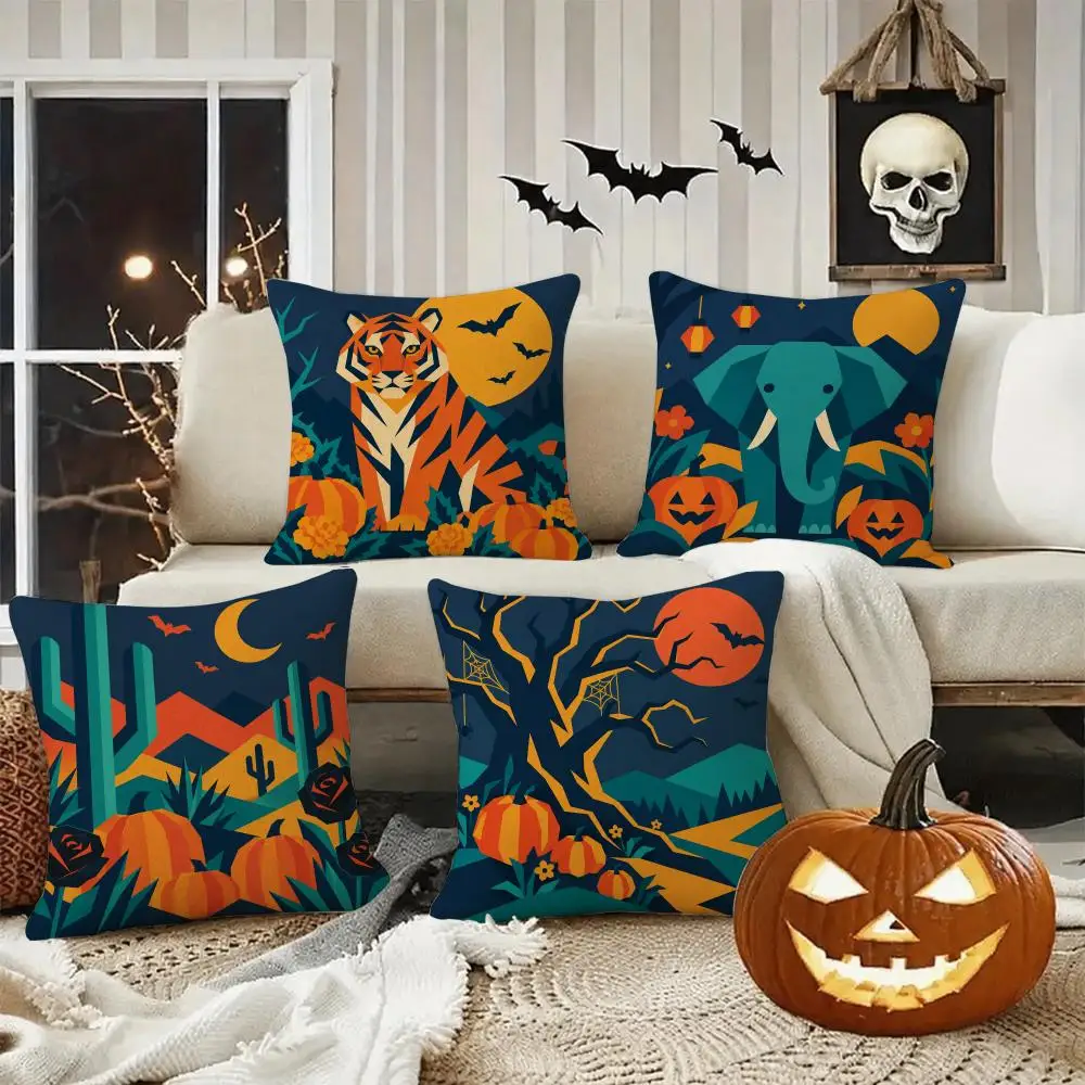 Dark Vector Halloween Gift Cushion Cover Halloween Rustic Throw Pillow Covers, Cute Ghost Pumpkin Maple Leaf Cushion Covers