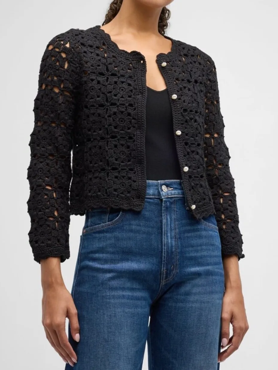 

Женский полый свитер с крючком и цветком, однобортный, с длинным рукавом, круглым вырезом, элегантный черный вязаный кардиган