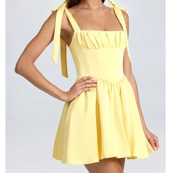 French Style Sweet Sling Mini Dress For Girl Low Waist A-line Holiday Summer Dresses Lace Up Back Robe White Black Pink Yellow