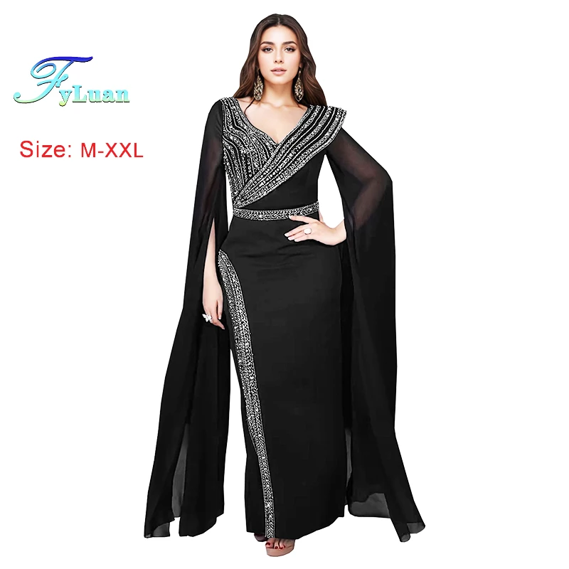 

New Luxury Diamonds Women Evening Party Dresses Long Sleeve V Neck Ladies Long Dress Rhinestone Glitter Floor Length Split Dres