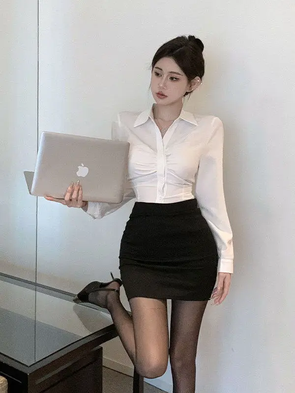 

Sexy Slim Fit Long Sve White irt Women's Autumn Weight Loss JK orm Commute Profional ort Waist a Top Set