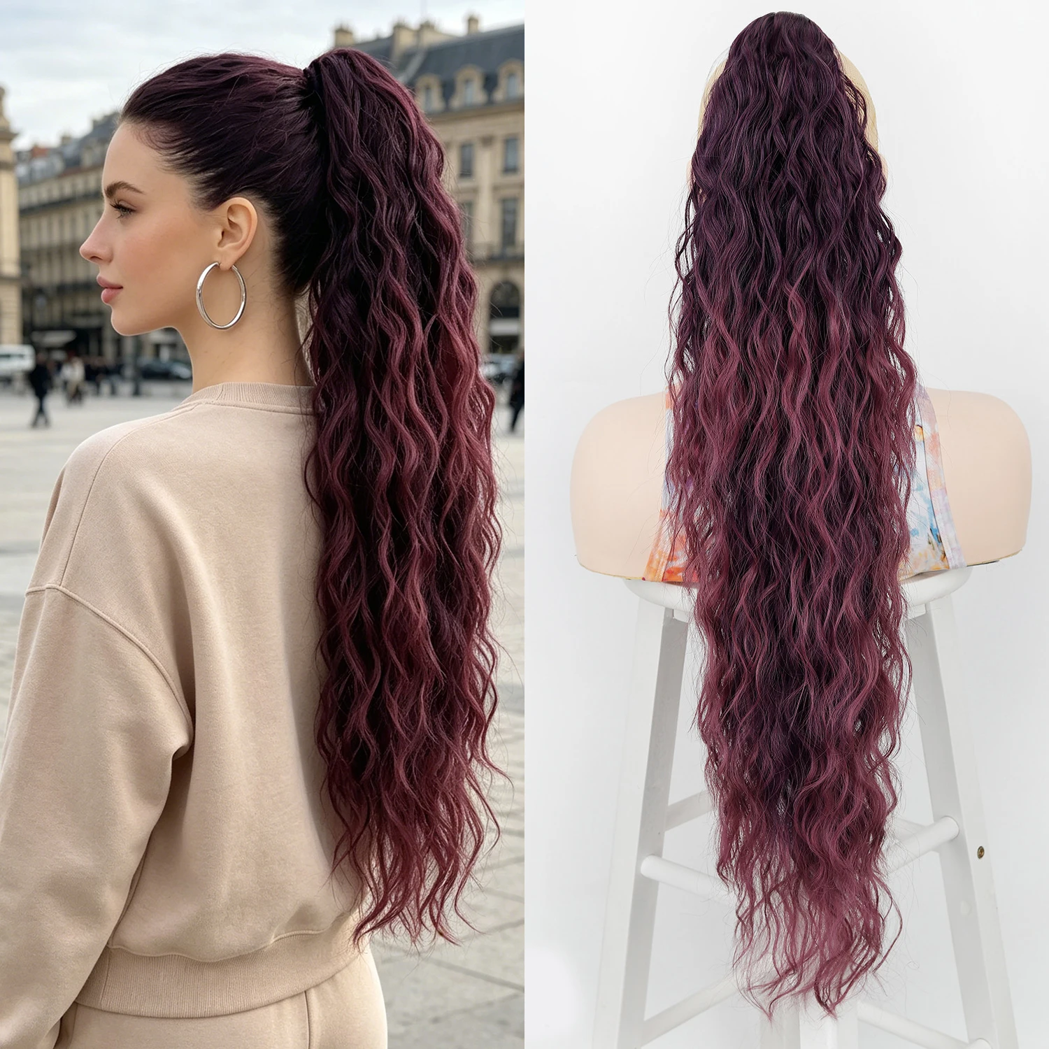 

Claw Long Wavy Ponytail Extensions 30 Inch Water Wavy Pony Tail Clip in Hair Extensions Fluffy Synthetic Hairpiece for Women