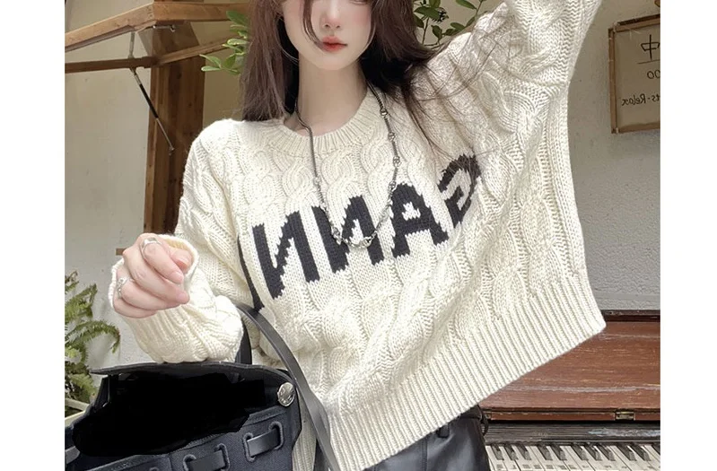 

Korean New Fried Dough Twists Letter Long Sleeve Pullover Knits 2023 Spring Autumn Winter Short Sweaters Wear Women Inside