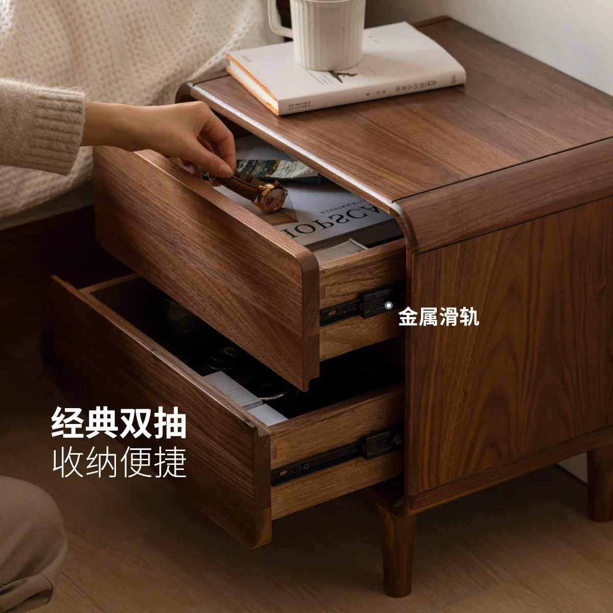 All solid wood bedside table Simple bedside table Household bedroom Drawer Locker Black walnut furniture