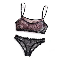 Conjunto de lencería Sexy de lunares para mujer, lencería erótica estética, ropa interior transparente de malla con volantes, sujetador inalámbrico, bragas