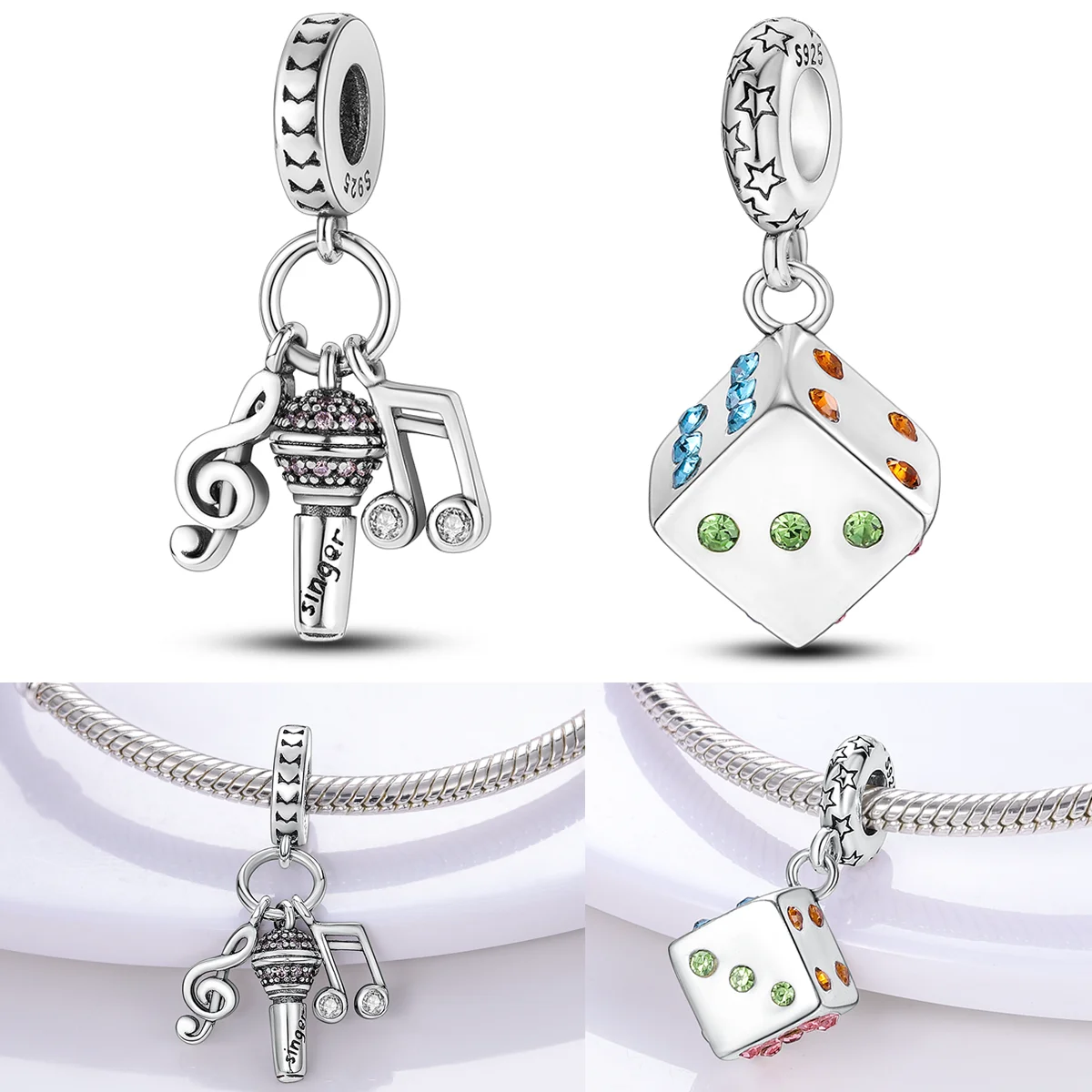 925 Sterling Silver Musical Note Microphone Charms Bead CZ Zircon Dice Dangle Fit Original Bracelet DIY Women Jewelry Gift