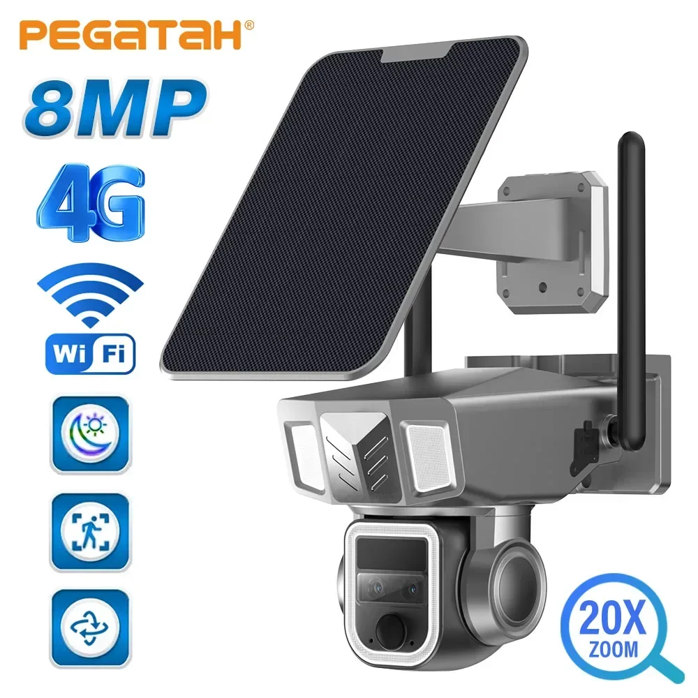 PEGATAH 8MP 4G Wireless 20X Zoom Solar Camera 4K WiFi Three Lens Solar Panel Human Detection PTZ Security Cam Waterproof Camera