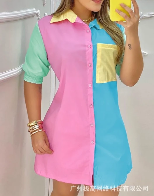 Women's Urban Dress 2024 Spring Summer Latest Elegant Contrast Long Sleeved Flip Collar Shirt Dress Princess Media Length Skirt