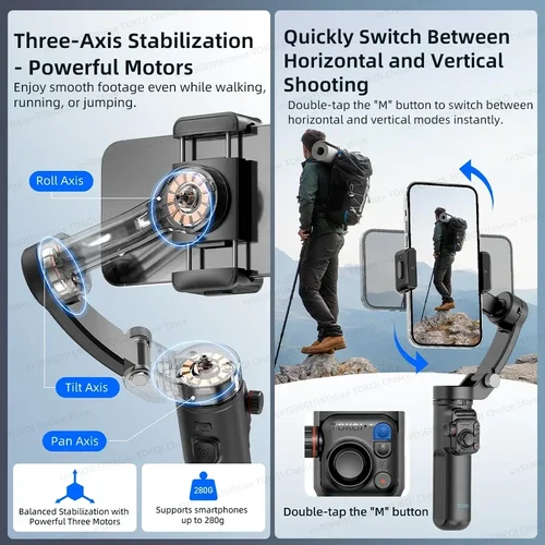 Imagen 2 del producto Estabilizador Gimbal de Mano de 3 Ejes para iPhone y Android, Soporte Antivibración con Trípode, Ideal para Vlogs y Grabación de Videos
