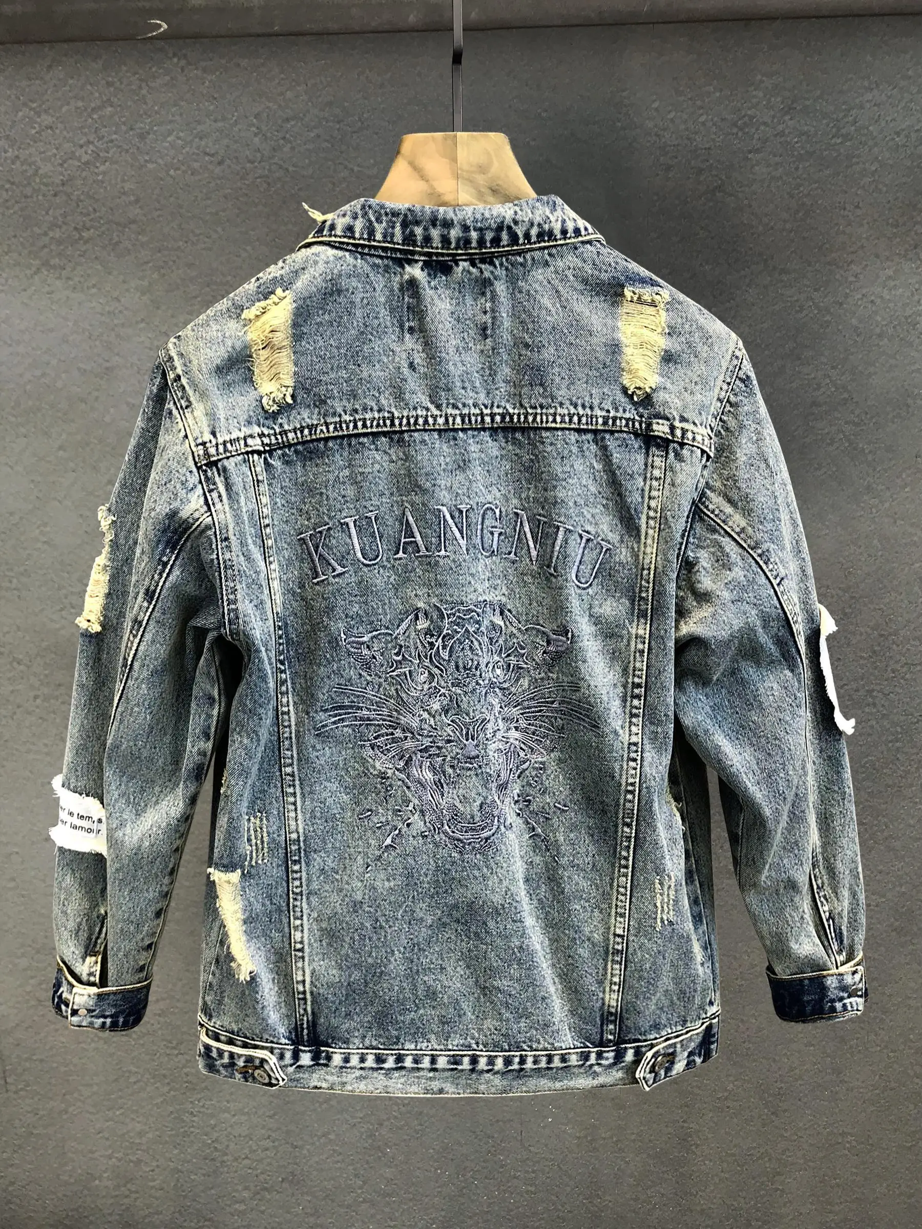 European Station Ripped Embroidered Denim Coat Men's Fashion Brand Slim Fit Popular Jacket Spring and Autumn Youth Denim Coat