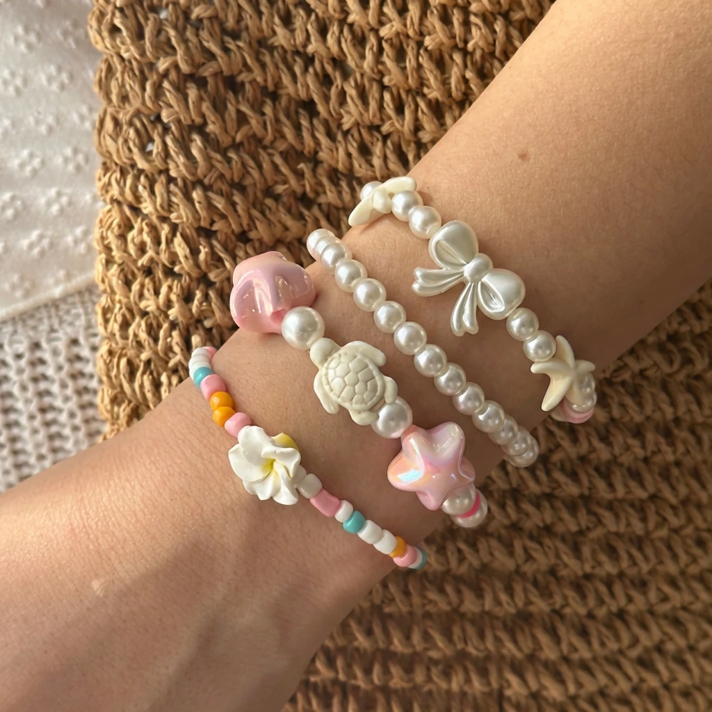 2 Pcs/Set Multicolor Polymer Clay Beads Bracelets for Women Bohemian Flower Charm Elastic Chain Set Summer Jewelry Vacation Gift view 2