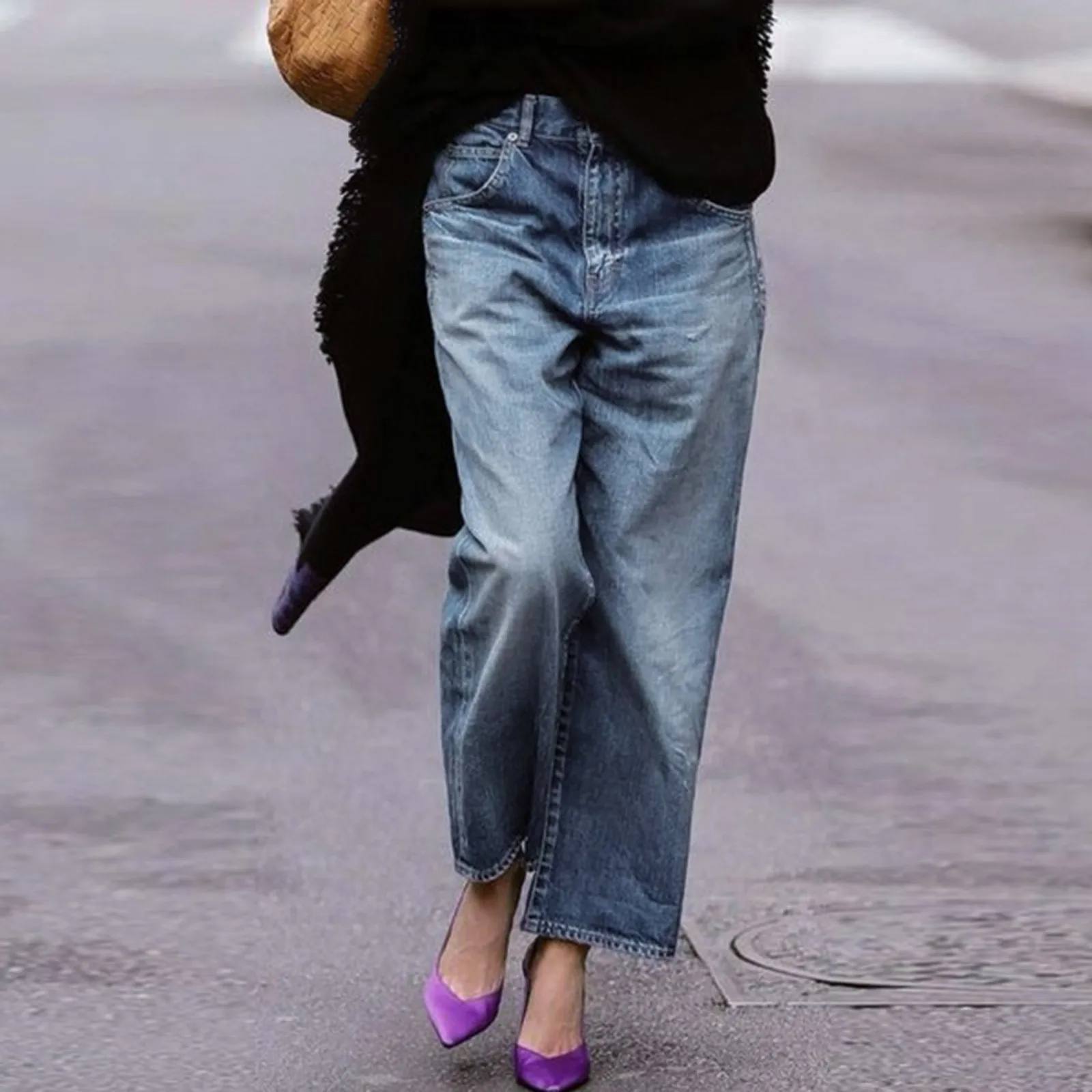 

Свободные джинсы, стильные женские джинсы с широкими штанинами и градиентом, с карманами, в стиле хип-хоп, ретро, джинсовые брюки для женщин со средней посадкой по щиколотку