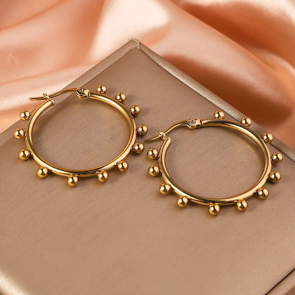 Women's Geometric Round Steel Ball Stainless Steel Hoop Earrings, Electroplated Gold Color Non Fading Earrings