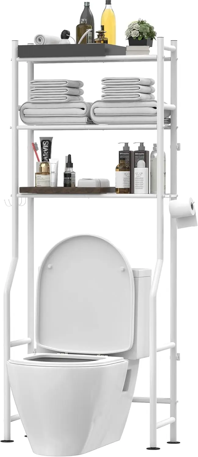 

3-Tier Over The Toilet Storage Shelf with Hooks and Paper Holder, Freestanding Metal Bathroom Organizer in White