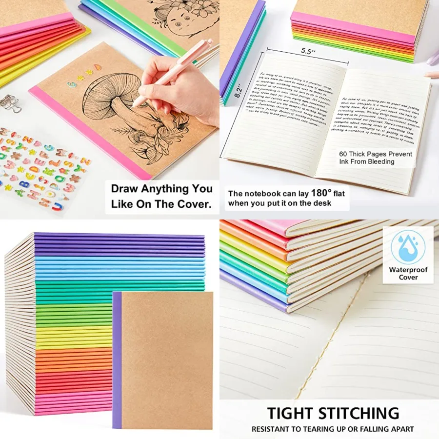 

48 Pack Composition Notebooks Bulk, Kraft Cover Lined Blank College Ruled Composition Travel Journals with Rainbow Spines For W
