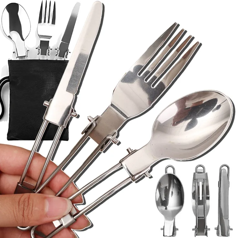 Juego de cubiertos de acero inoxidable, vajilla plegable, cuchara de viaje para acampar, tenedor, juegos de cuchillos, cubiertos de cocina portátiles para acampar al aire libre