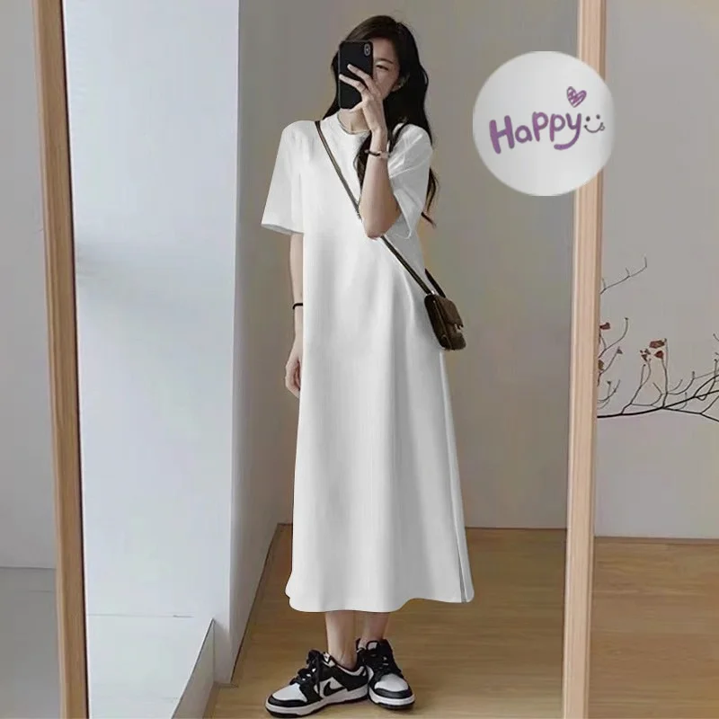 Summer Women Oversized Casual Long Dress Happy Graphic Print Short Sleeve Loungewear Side Split Maxi Dress
