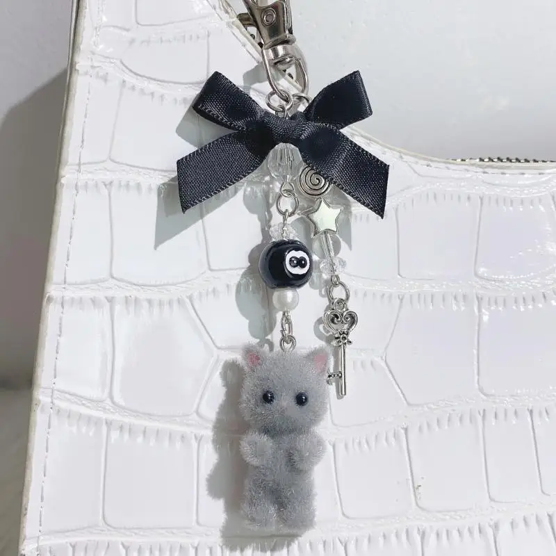 

12cm Y2K Cartoon Flocking Cat Bowknot Keychain For Women Girls Handbag Backpack Pendant Key Ring Decoration Gift Kitten Keychain