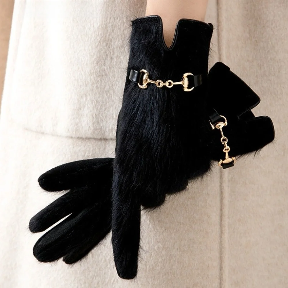 Fashion Rabbit Fur Winter Warm Gloves Cold-Proof Thickened Windproof Gloves Solid Color Riding Gloves Outdoor Sports Activities