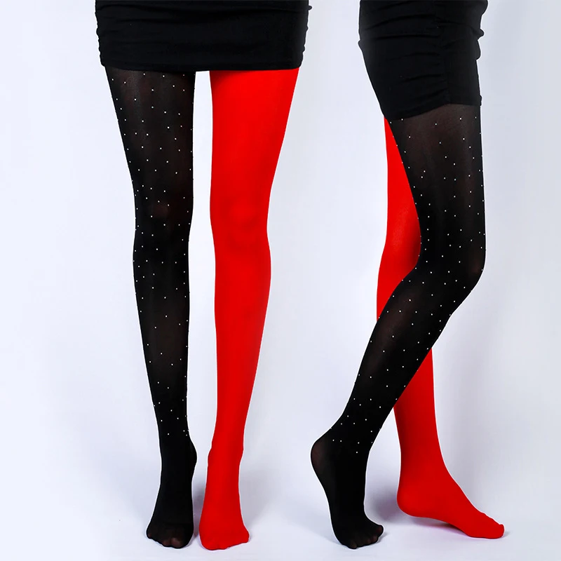 Fashion Hot Drill Black Red Stitching 100D Velvet Keep Warm Pantyhose Woman Spring Autumn Winter High Waist Tights Sexy Stocking