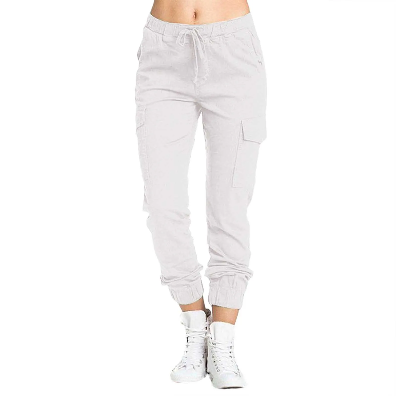 New Solid Jogger Women\'s Cargo Pants Multi-Pocket Drawstring Elastic Waist Women Sports Pants Streetwear Casual Long Pant