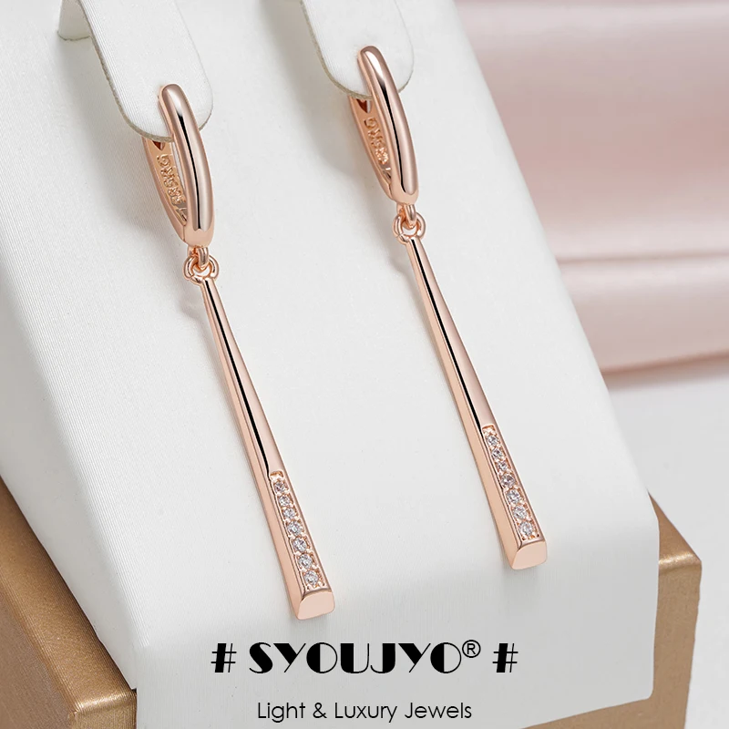 SYOUJYO 585 Rose Gold Color Long Dangle Earrings For Women Natural Zircon Trendy Bride Wedding Fine Jewelry Gift