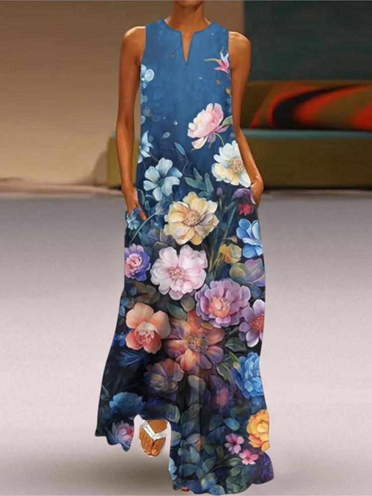 2025 Summer New Vintage Flower Printed Long Dresses Women Fashion V-neck Loose Sleeveless Dress Casual Commuting Vestidos Female — zdjęcie 3