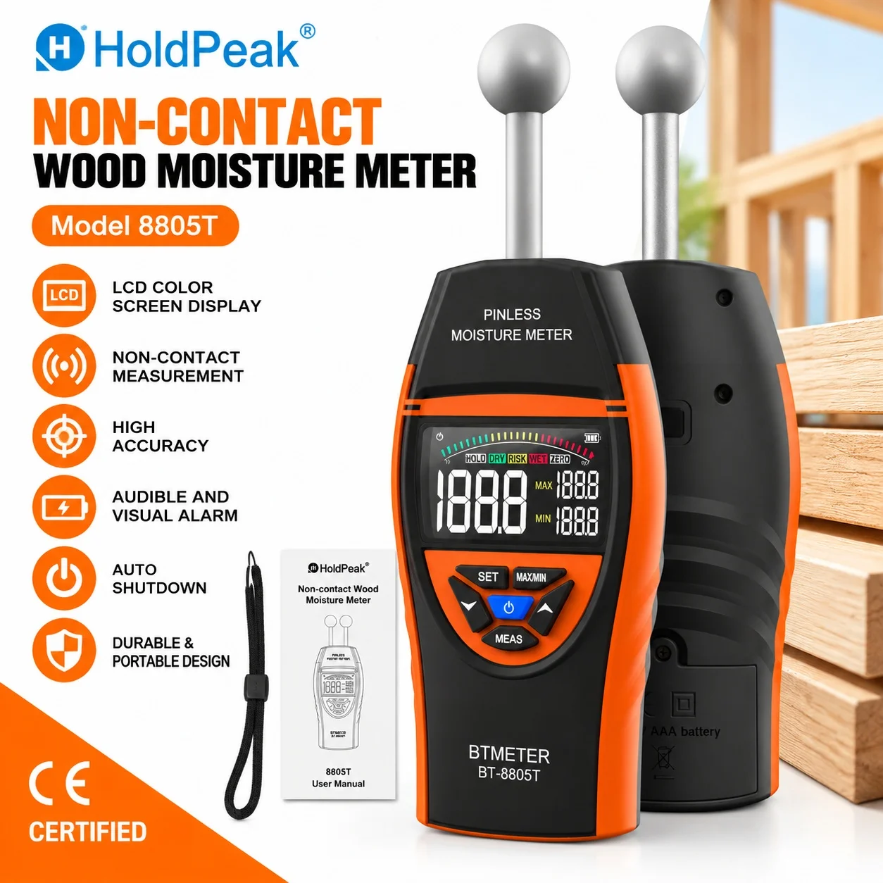 BTMETER 8805T Pinless Moisture Meter 0-100% Non-Destructive 20-40mm Depth Color LCD Audible Alarm for Wood