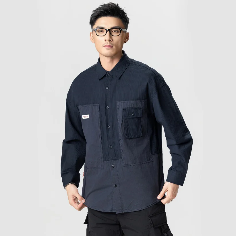 High Quality Outdoor Cargo Shirts Men Streetwear Fashion Splice Loose Casual Long Sleeve Shirts Cityboy Blouses