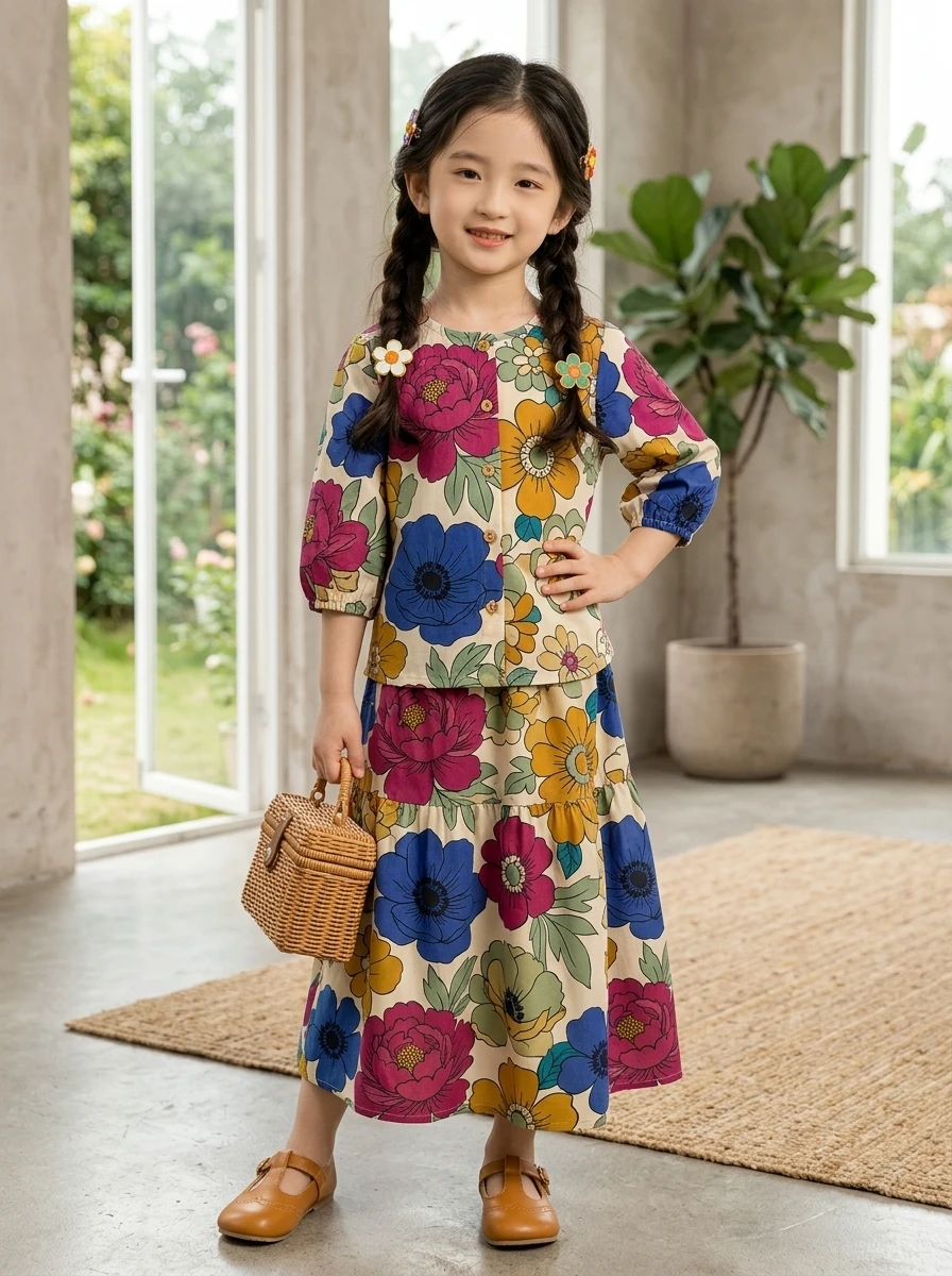 Vintage 3D Print Girls 2 Piece Suit Mid‑Sleeve Top+Skirt Lightweight Breathable Casual Kids Outfit Set for 1‑12 YearsLittle Girl