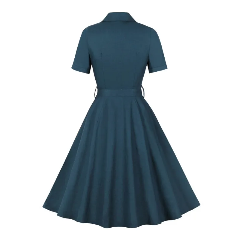 2024 New Hepburn Vintage Summer Women Short Sleeve Dress Retro Navy Blue Button A Line Casual 50 60s Party Office Skater Dresses